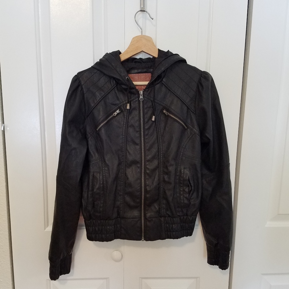 Faux Leather Hooded Black Bomber Jacket